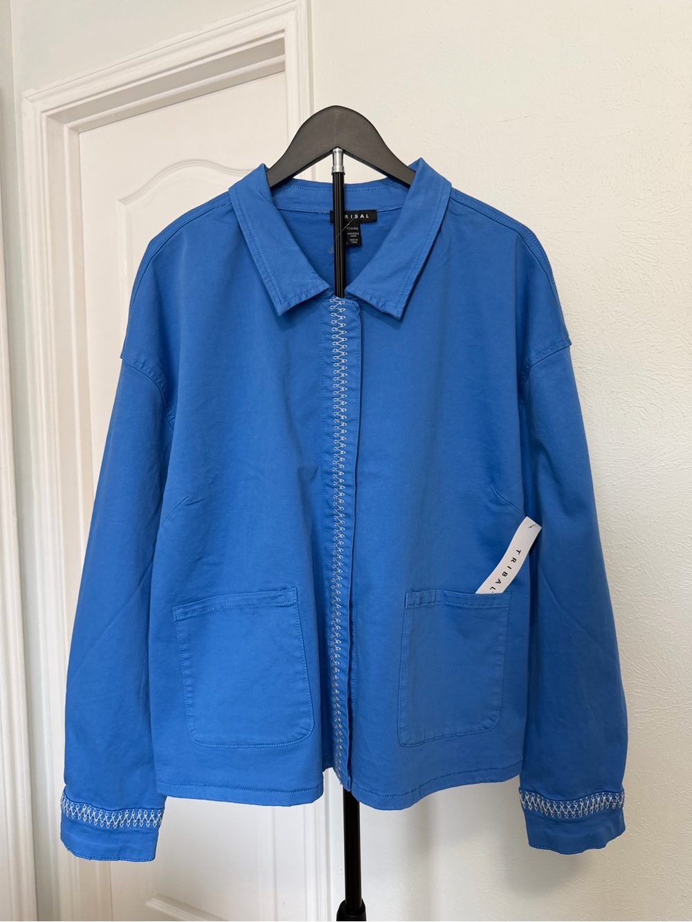 Tribal Royal Blue Jacket Shacket with Embroidered Trim